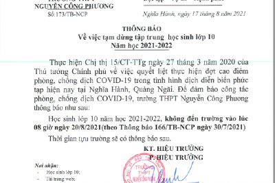 Thông báo tạm dừng tập trung học sinh khối 10, năm học 2021-2022