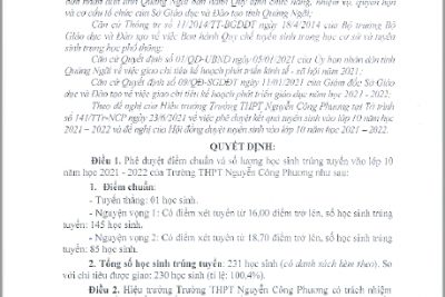 Quyết định phê duyệt kết quả thi vào 10, năm học 2021-2022