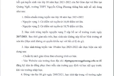 Thông báo điểm chuẩn trúng tuyển vào lớp 10, năm học 2021-2022
